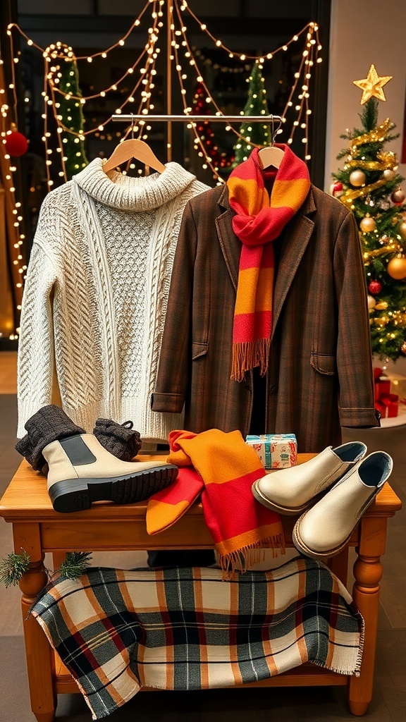 A collection of Christmas clothing gift ideas including sweaters, coats, scarves, and boots on a festive table.
